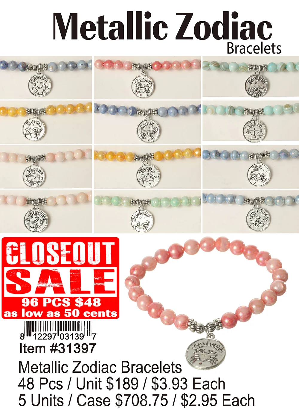 Metallic Zodiac Bracelets - Closeout 96 Pcs.